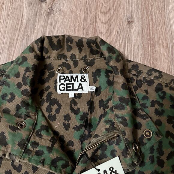 NWT Pam & Gela Leopard Print Cropped Utility Jacket Army Green Size P EdgyChic - Picture 9 of 12